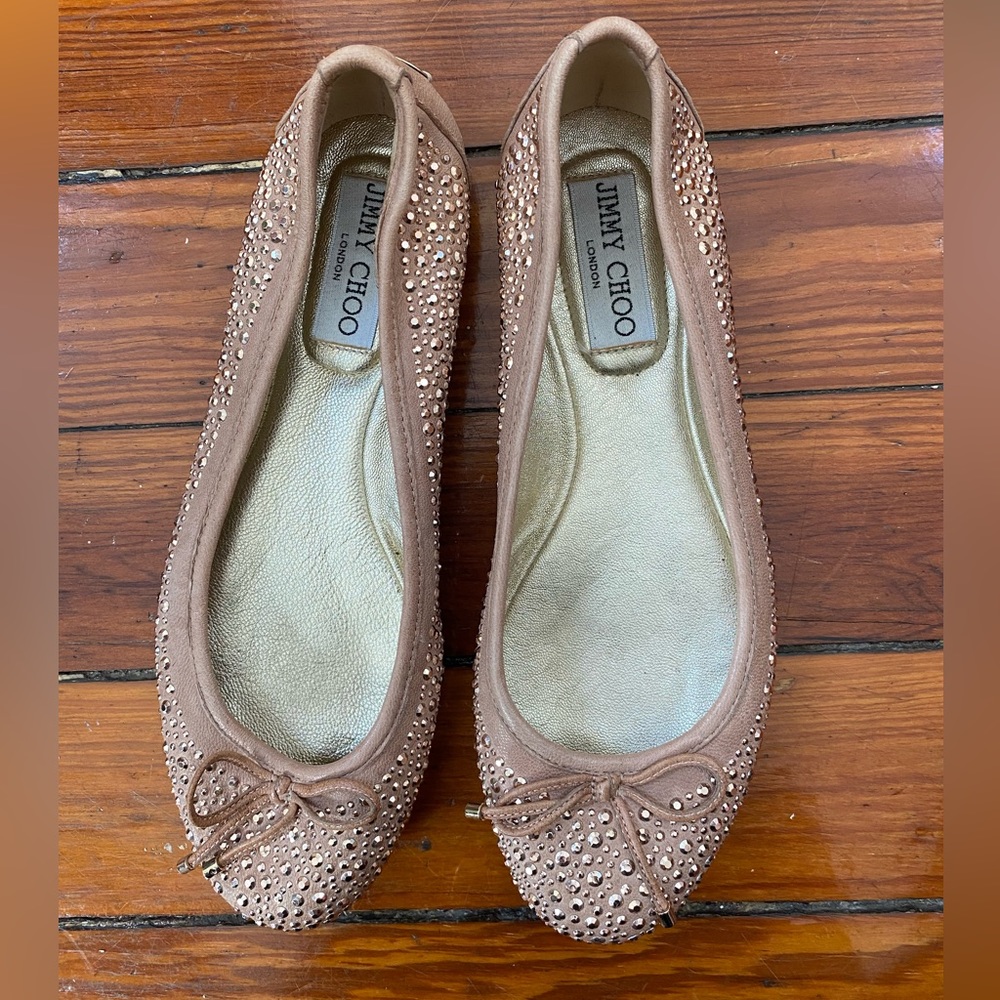 Nude Rhinestone Jimmy Choo Ballet Flats